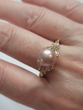 Gold Tone Adjustable Pink Pearl Ring with Cubic Zirconia Accents